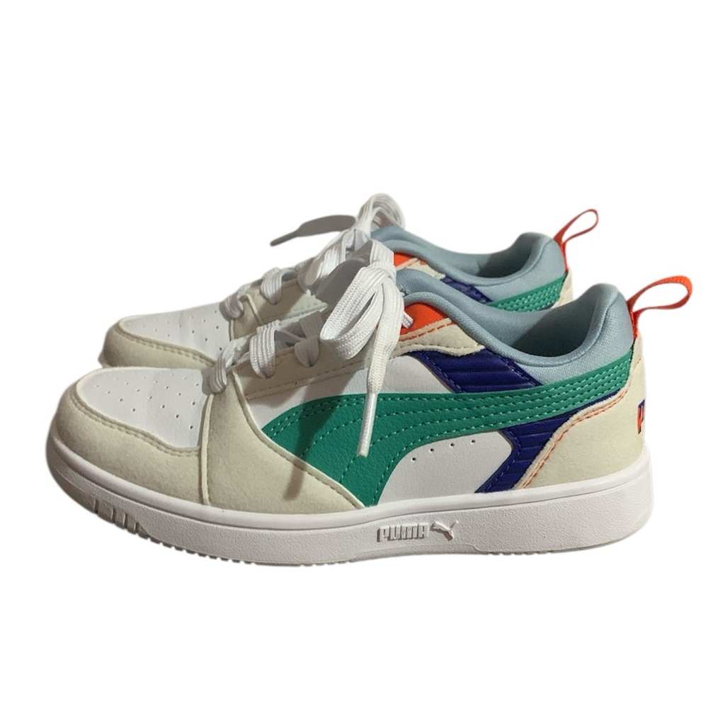 Puma Cream Suede, Green, and Blue Accents Sneakers Girls 13.5